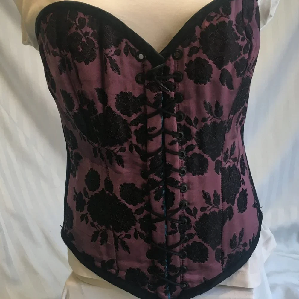 Brocade Reversible Blue Purple Steel Boned Waist Training Shaper Corset Sz Lg - Picture 3 of 16